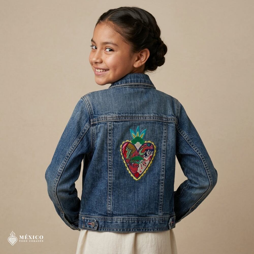Mexican Sacred Heart Embroidered Denim Jacket for Girls – Cultural Style